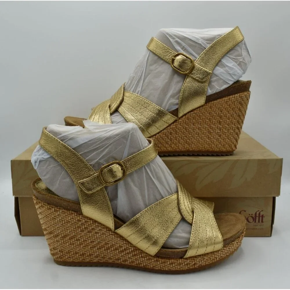 Sofft Womens Size 11 Clarissa Gold Leather‎ Wedge Sandals Shoes